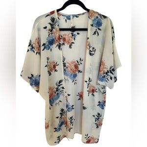 Floral Open-Front Kimono Shrug - Cream with Blue & Blush Roses
